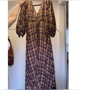 STAUD plaid floor length long sleeve babydoll dress